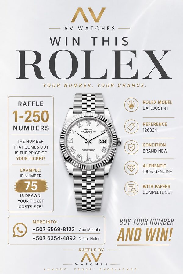 AV Watches — Win this Rolex. Rifa de 250 números, Rolex Datejust 41 ref. 126334.